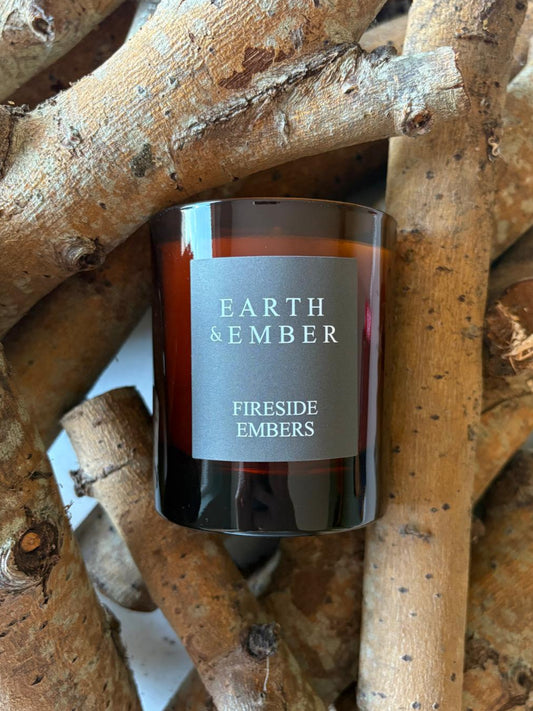 Fireside embers candle, autumn scents, logs, outdoors, natural scent