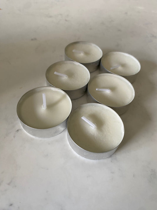 Eco-friendly Soy Wax Tea Lights, 4-hour burn, cotton wicks, recyclable aluminum cups, packs of 6, 12, or 24