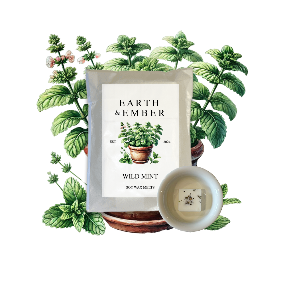 Product display with 'Earth & Ember' wild mint candle soy wax melt and framed print surrounded by mint plants. Mint scent